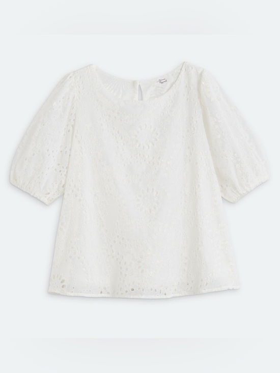 Beacon Apparel Tops - Beacon Apparel White Eyelet Embroidered Puff Sleeve Blouse Size L